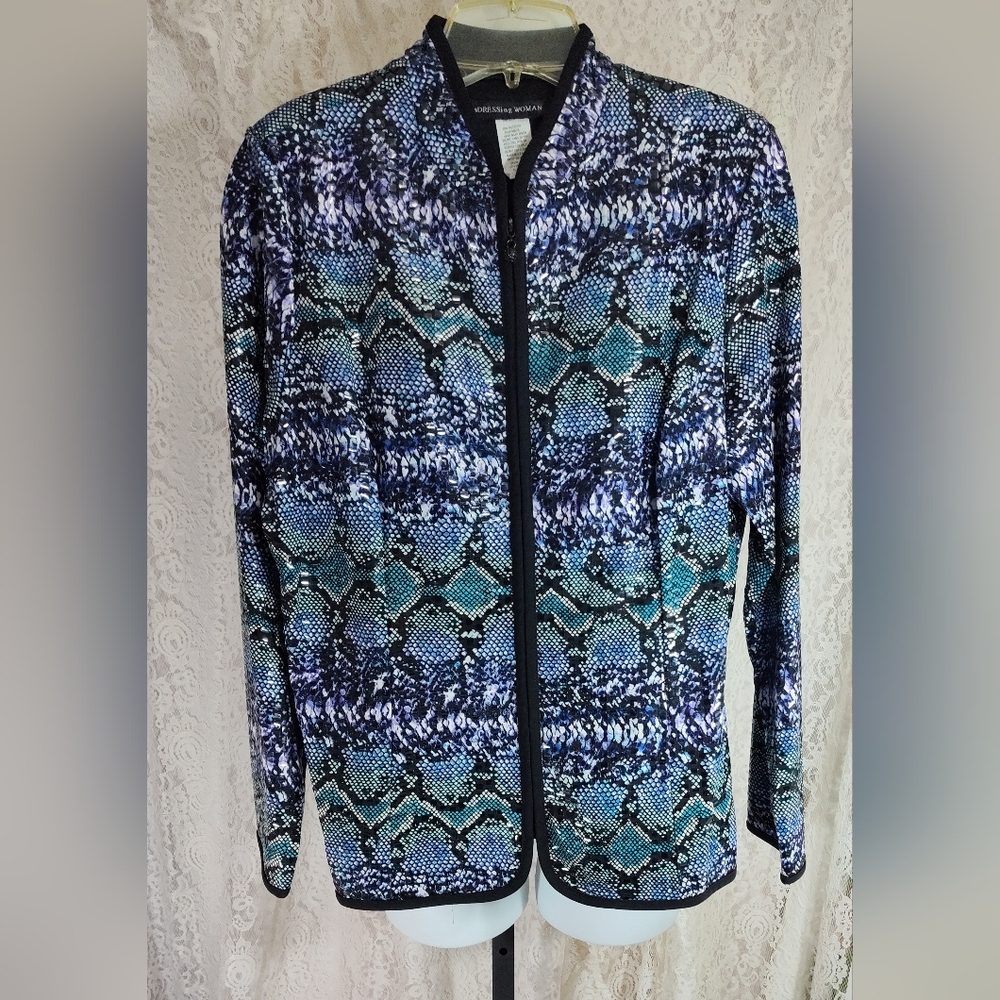 Addressing Woman front zip jacket sparkle dots Black Blue Print. NWOT